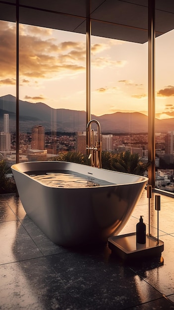 Una bañera en un baño con vista a la ciudad.