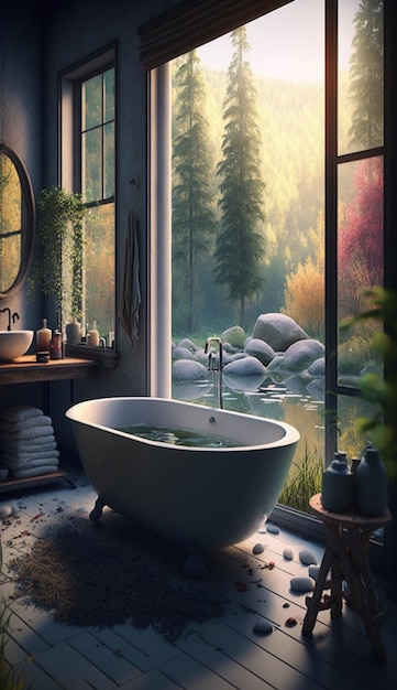 Una bañera en un baño con vista a un estanque y árboles.