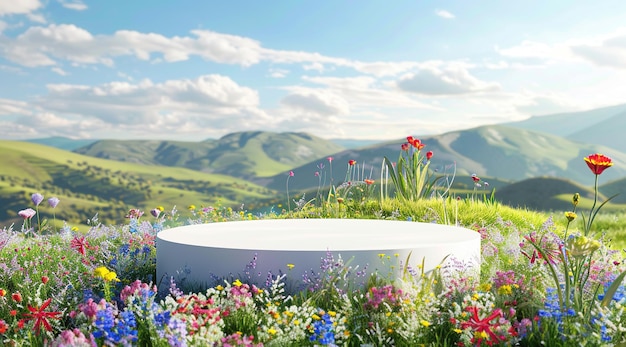 una bañera blanca se sienta en un campo de flores