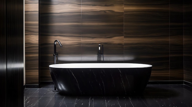 Una bañera en blanco y negro en un baño con una pared de madera detrás.