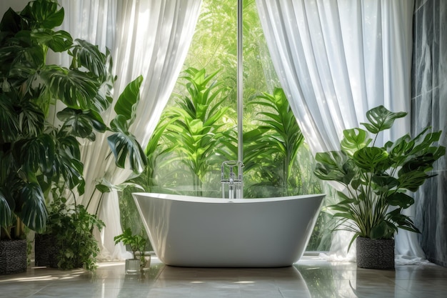 Bañera de cerámica de lujo junto a la ventana y plantas tropicales verdes Interior moderno IA generativa