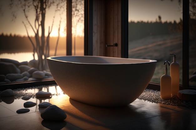 Una bañera en una habitación con vista al lago y la puesta de sol detrás de él.