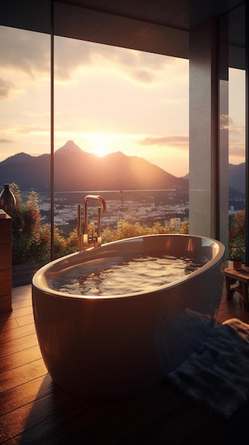 Una bañera en una habitación con vista a las montañas y la puesta de sol.