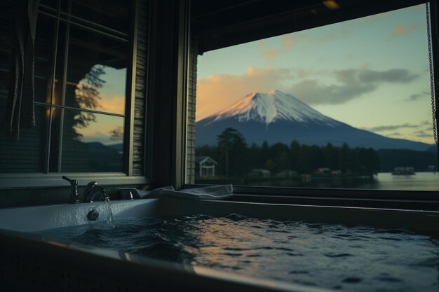 Bañera de hotel de lujo en el baño con fondo de montaña Fuji AI generativa