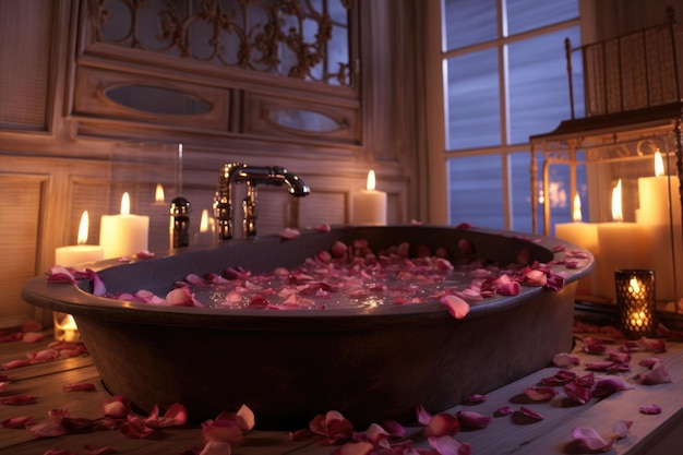 Una bañera humeante con velas encendidas y pétalos de rosa alrededor.