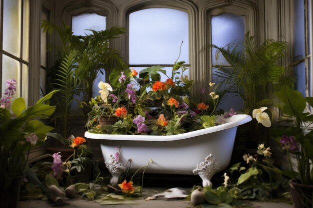 Foto bañera llena de espuma rodeada de plantas.