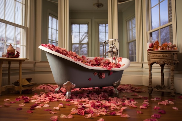 Bañera con patas y pétalos de rosa flotando