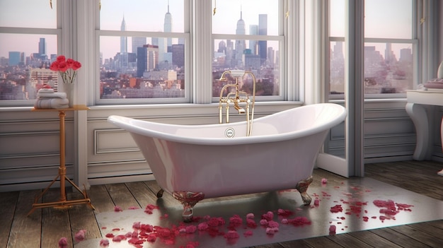 Una bañera con pétalos de rosa en el suelo frente a una ventana con un paisaje urbano al fondo.