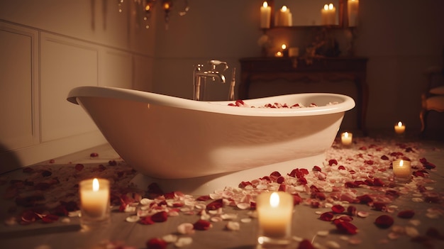 Una bañera con rosas y velas de fondo.