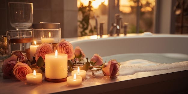 Una bañera con rosas y velas en primer plano.
