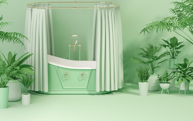 Bañera vintage verde sobre fondo de jardín tropical Elegante interior ecológico de baño con maceta