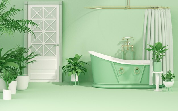 Bañera vintage verde sobre fondo de jardín tropical Elegante interior ecológico de baño con maceta