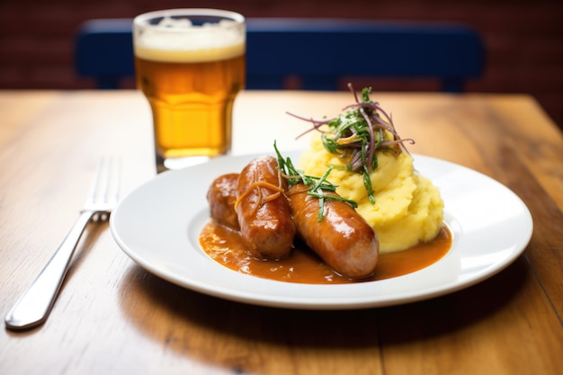 Foto bangers und mash serviert neben einem pint bier