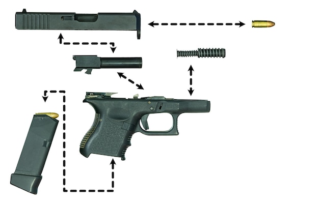 Bangkok Tailândia julho 102019Aspecto lateral das peças de desmontagem da pistola Glock26