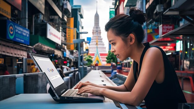 Bangkok, Thailand, Juni 24, 2021 Eine Frau tippt auf einem Laptop in die Google-Suchmaschine