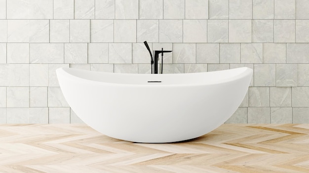 Banheira branca luxuosa do design de interiores do banheiro moderno na parede limpa branca 3d render