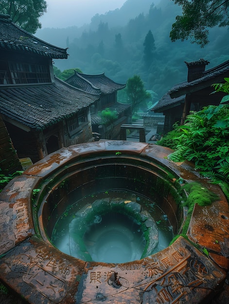 banheira de água quente médio pequena aldeia antiga porcelana verde suando poço poço círculos úmidos tubos quebrados abertos