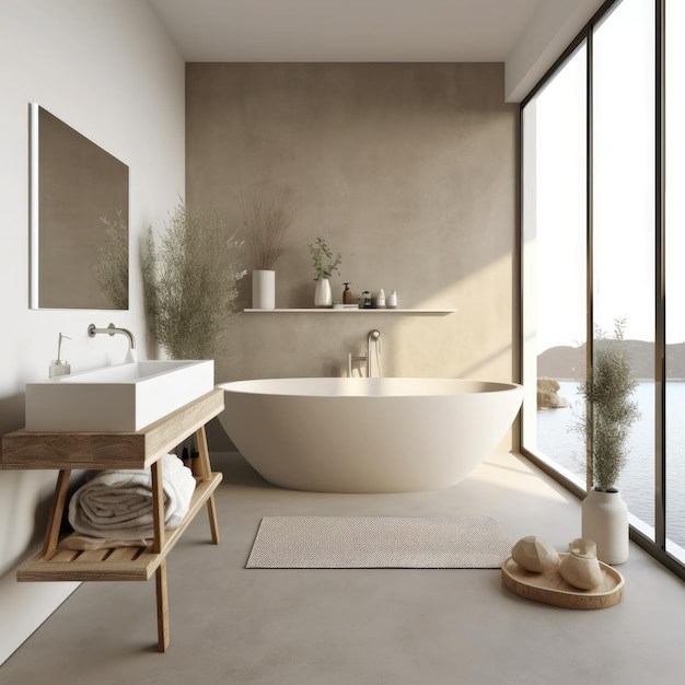 Banheira de madeira branca com água parada no chão de um banheiro com janela panorâmica Generative Ai