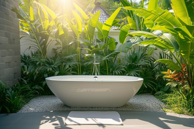 Foto banheira interior de luxo, banheira moderna ao ar livre e plantas exóticas verdes, bananas, palmeiras, folhas do spa do hotel.