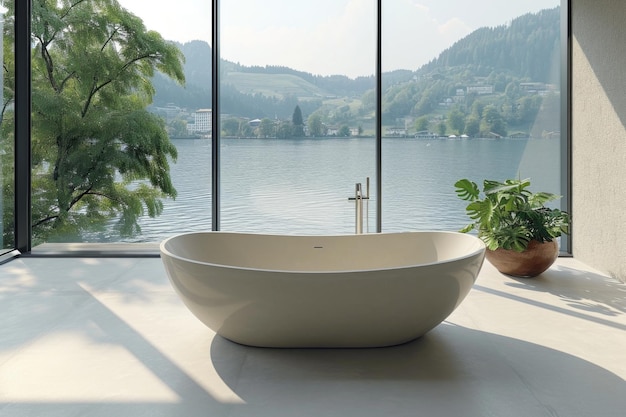 Banheira livre vazia contra grandes janelas Ideias de decoração doméstica em design moderno de banheiro