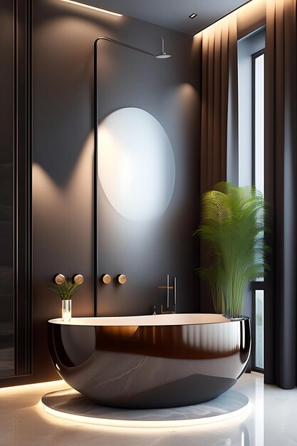 Foto banheira oval marrom cabeça de chuveiro preta em sótão moderno parede cinza banheiro divisória de vidro reeded wit