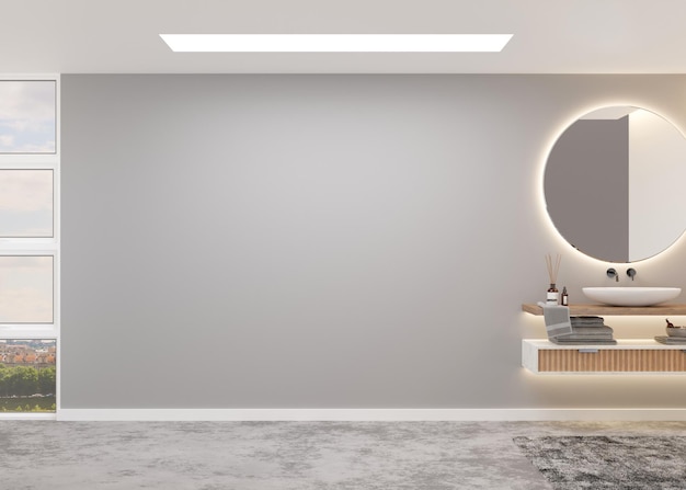 Banheiro bonito e moderno Lavatório Interior de casa em estilo contemporâneo Maquete de banheiro de luxo Espaço de cópia gratuito para o seu radiador de móveis ou outros detalhes Renderização em 3D da parede vazia