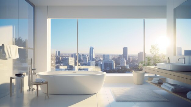 Banheiro branco com grandes janelas de largura de piso em um quarto de hotel banhado pela luz solar