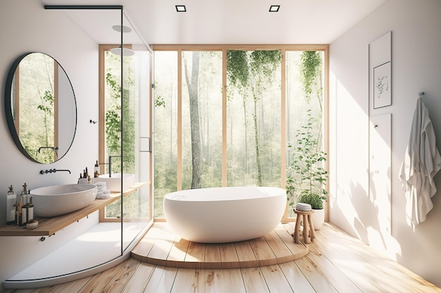 Banheiro branco e de madeira com pisos de madeira grandes janelas uma banheira circular branca e um chuveiro com box de vidro maquete à frente
