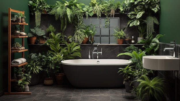 Banheiro brilhante com azulejos de metrô e uma variedade de plantas verdes escuras de estilo floresta profunda