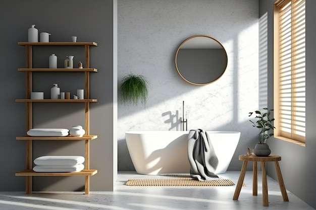 Banheiro cinza e de madeira com uma prateleira, pia, banheira de espelho horizontal e cadeira de canto Maquete de visão lateral
