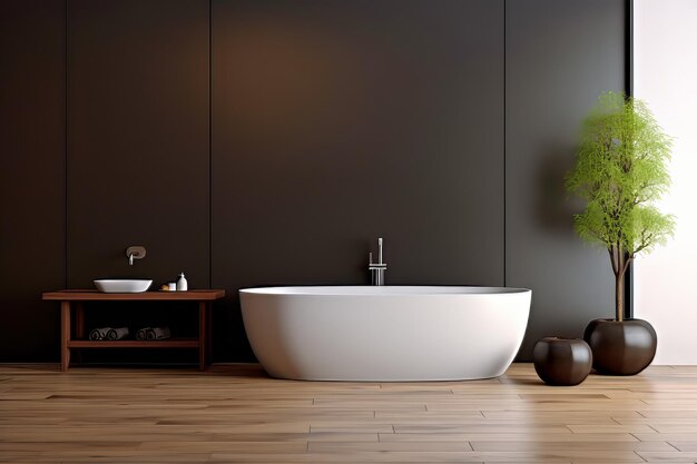 banheiro com banheira de planta em vaso e parede marrom escuro