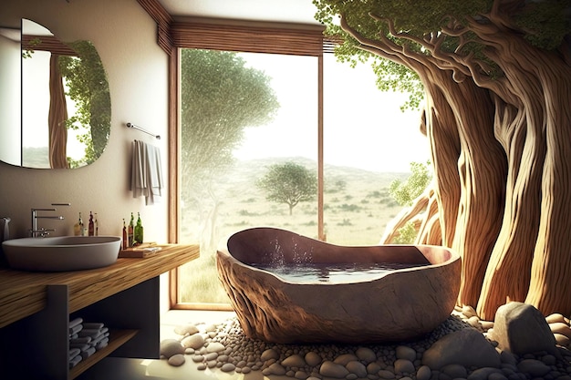 Foto banheiro com banheiro ecológico e banheira de madeira natural