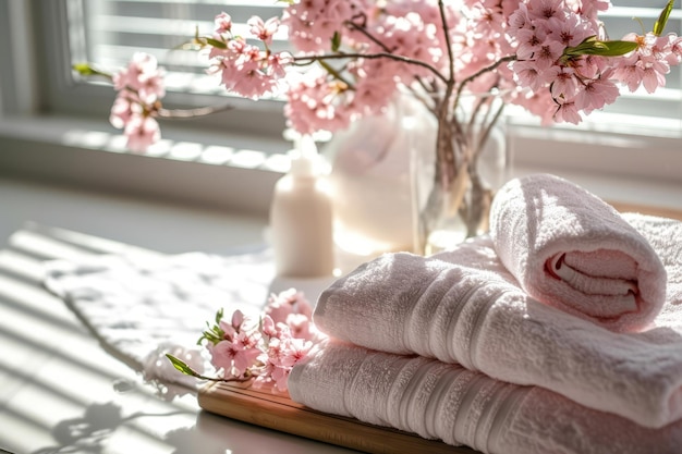 Banheiro com flores delicadas e toalhas em fundo ensolarado IA generativa