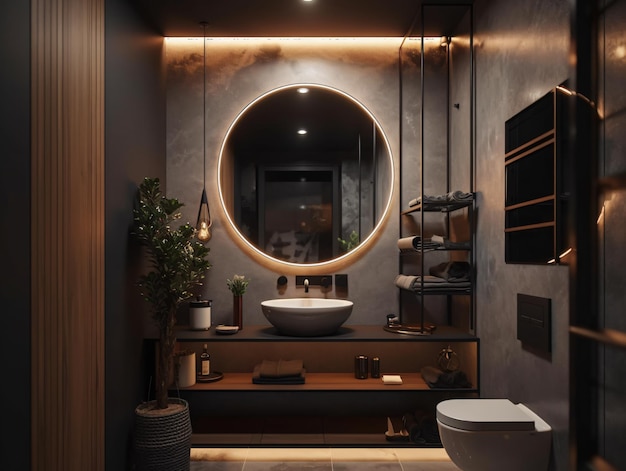 Foto banheiro com grande espelho redondo com paredes de concreto e móveis de madeira com iluminação dramática retroiluminada ai gerada ai generativa ai generativ ia gerada generativa generativa