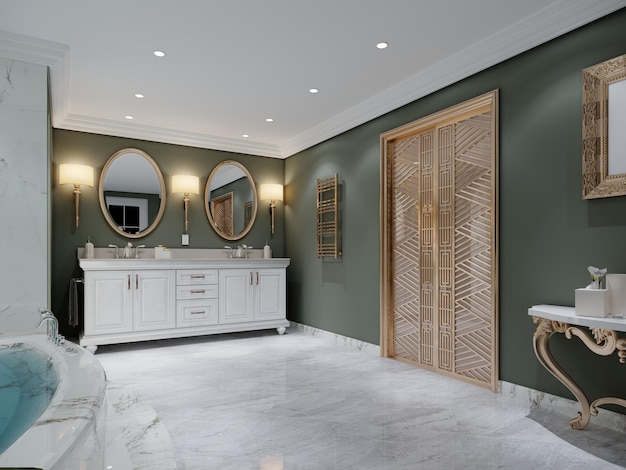 Banheiro com paredes verdes e lavatório duplo branco com dois espelhos ovais renderização em 3D