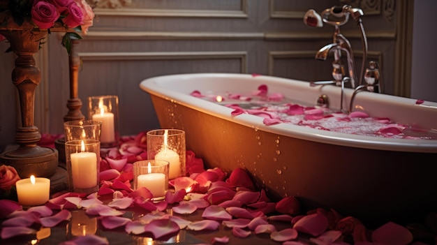 Banheiro com pétalas de rosa e velas Humor romântico