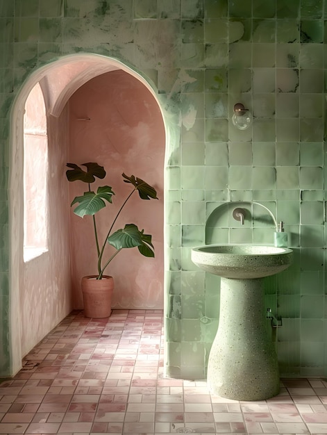 Banheiro com telhas de parede verdes, pia e planta em vaso