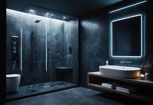 Banheiro contemporâneo com iluminação noturna com espelho de banheira de chuveiro e lavabo