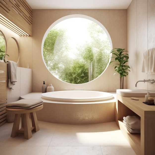 Banheiro contemporâneo com janela redonda e banheira de piso floresta tropical ao ar livre