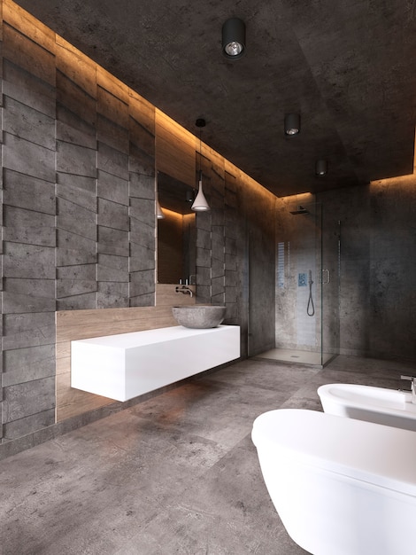 Banheiro contemporâneo em tons escuros com iluminação de teto. Renderização 3D