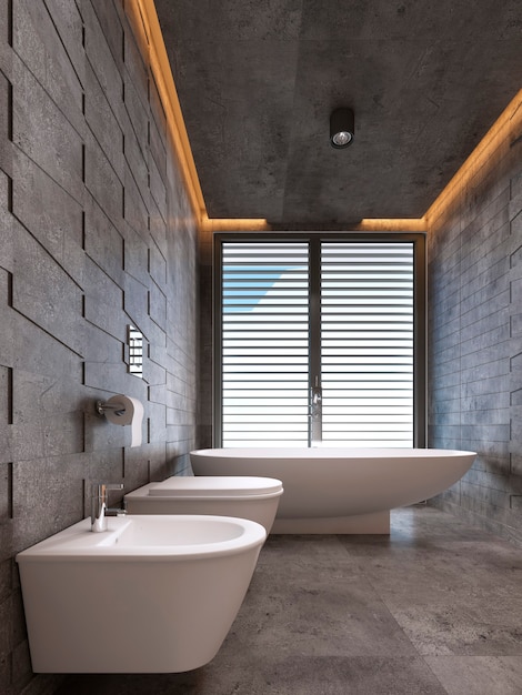 Banheiro contemporâneo em tons escuros com iluminação de teto. Renderização 3D
