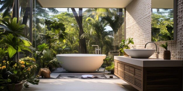 Banheiro de design com grande banheira branca Foto de alta qualidade Generative AI
