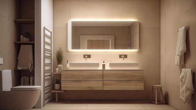 Banheiro de design de interiores mínimo com estilo de tom bege aconchegante decorado com decoração de madeira Generative Ai