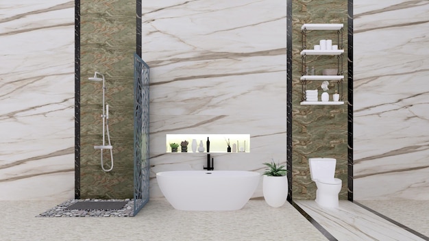 Banheiro de design de interiores moderno e luxuoso na parede abstrata e telha de mármore, renderização em 3d
