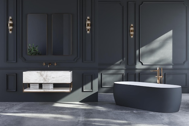 Banheiro de estilo clássico, piso de concreto e parede escura com moldura clássica.