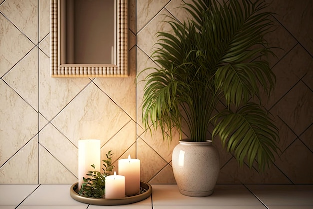 Banheiro de ladrilhos bege com velas e palmeiras verdes em vaso no chão criado com ai generativo
