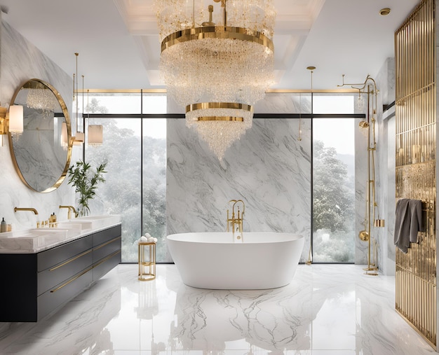Foto banheiro de luxo com banheira independente, chuveiro de chuva, piso aquecido e telhas de mármore