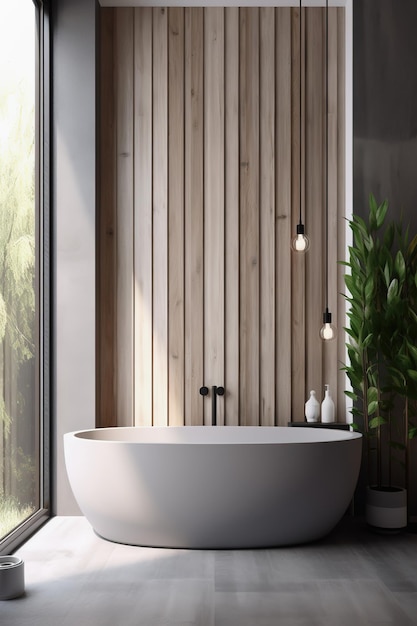 Banheiro de luxo com janela Banheira grande cinza moderna e paredes de madeira IA generativa