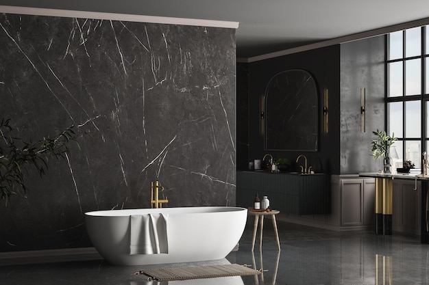 Banheiro de luxo moderno fundo de mármore escuro paredes banheira branca dupla pia de mármore renderização em 3d