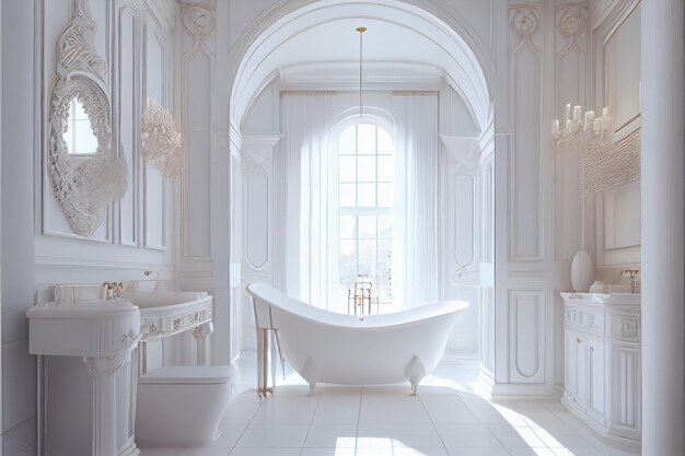 Banheiro de luxo moderno grande arco de janela panorâmica estilo renascentista ai